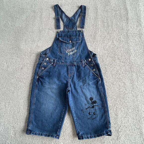 🔥Vintage Disney Mickey Mouse Denim Shorts Overalls Faded Distressed Jumpsuit XL